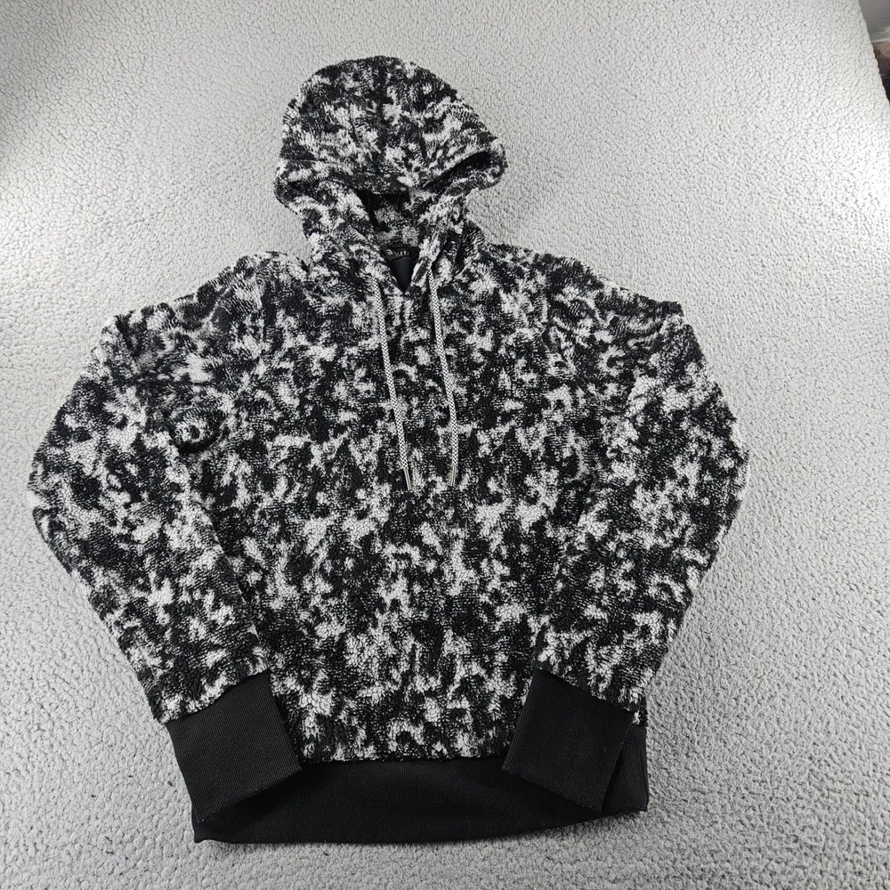 Athleta Tugga Teddy Sherpa Jacquard Hoodie Black White XXS Abstract Thumbholes‎
